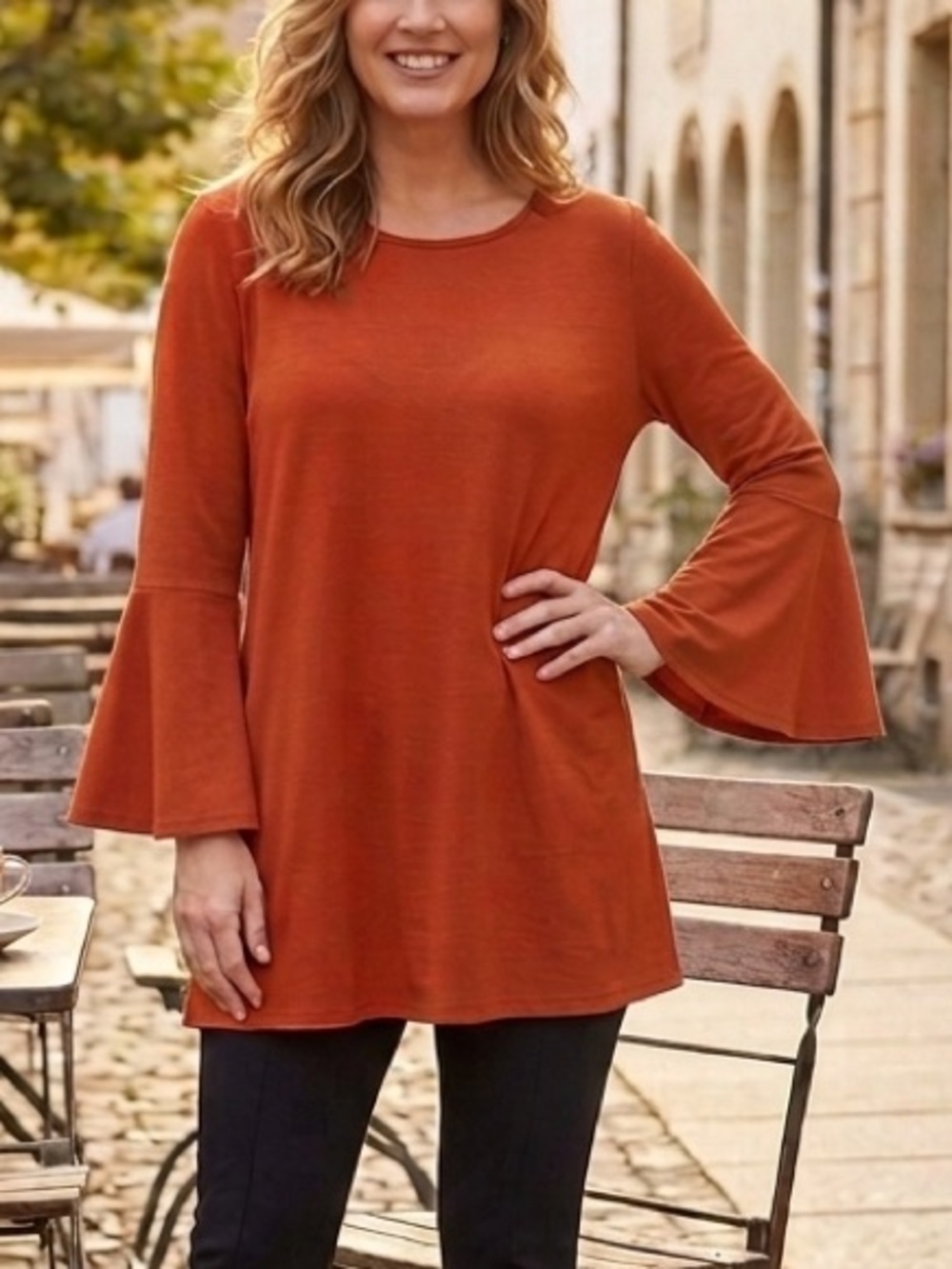Cato Rust Bell Sleeve Top Soft Draped Blouse Elegant Relaxed Fit Chic Statement